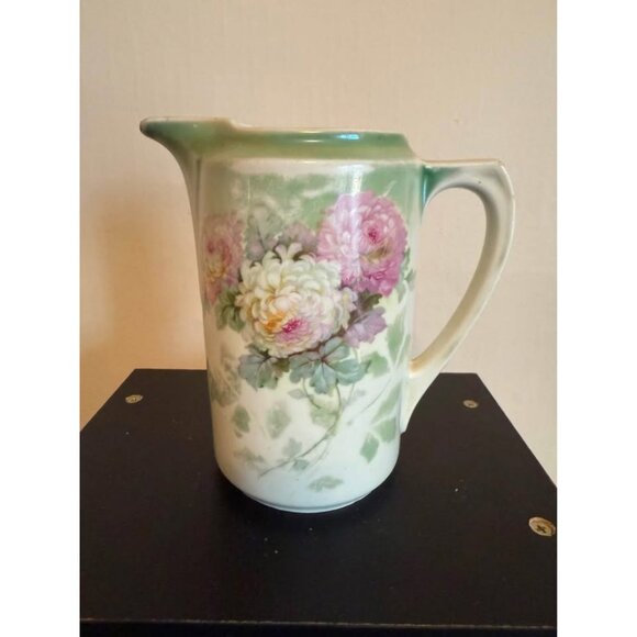 Antique Porcelain Pitcher Hand Painted Florals Pastel Green Pink - Picture 1 of 7